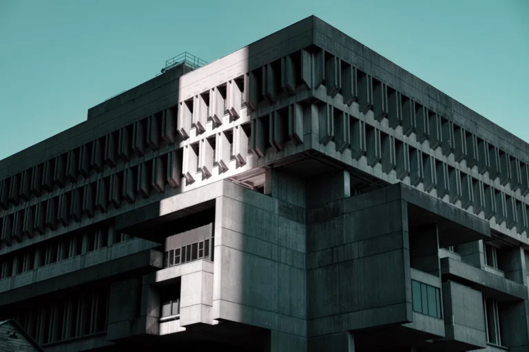 Concrete Brutalist building facade in Boston, showcasing striking geometric design.