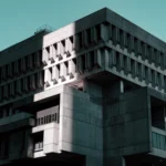 Concrete Brutalist building facade in Boston, showcasing striking geometric design.