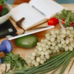 A vibrant composition of fruits, vegetables, and fitness items promoting a healthy lifestyle.