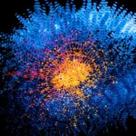 Dynamic abstract art featuring a vibrant fusion of blue and orange patterns.
