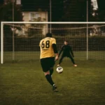 A soccer player takes a decisive penalty kick aiming to score against the goalkeeper.