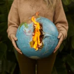 A symbolic portrayal of climate change with a burning globe held in hands, set against a nature background.
