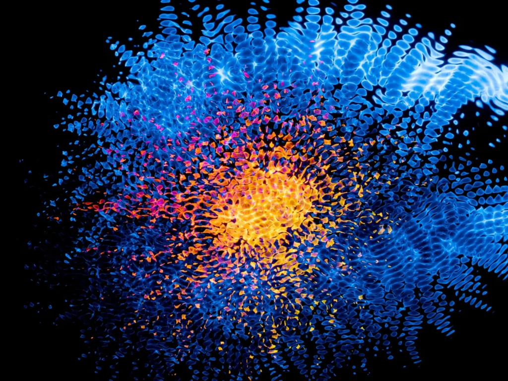 Dynamic abstract art featuring a vibrant fusion of blue and orange patterns.