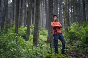A hiker stands confidently in a lush forest, arms crossed, portraying exploration.