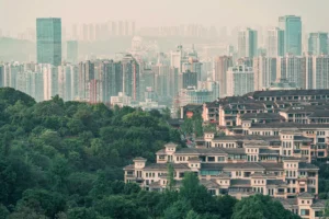 Urban skyline with densely packed skyscrapers and green foreground, depicting urban and natural elements.