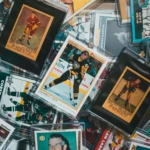 A close-up view of assorted vintage and modern hockey trading cards.