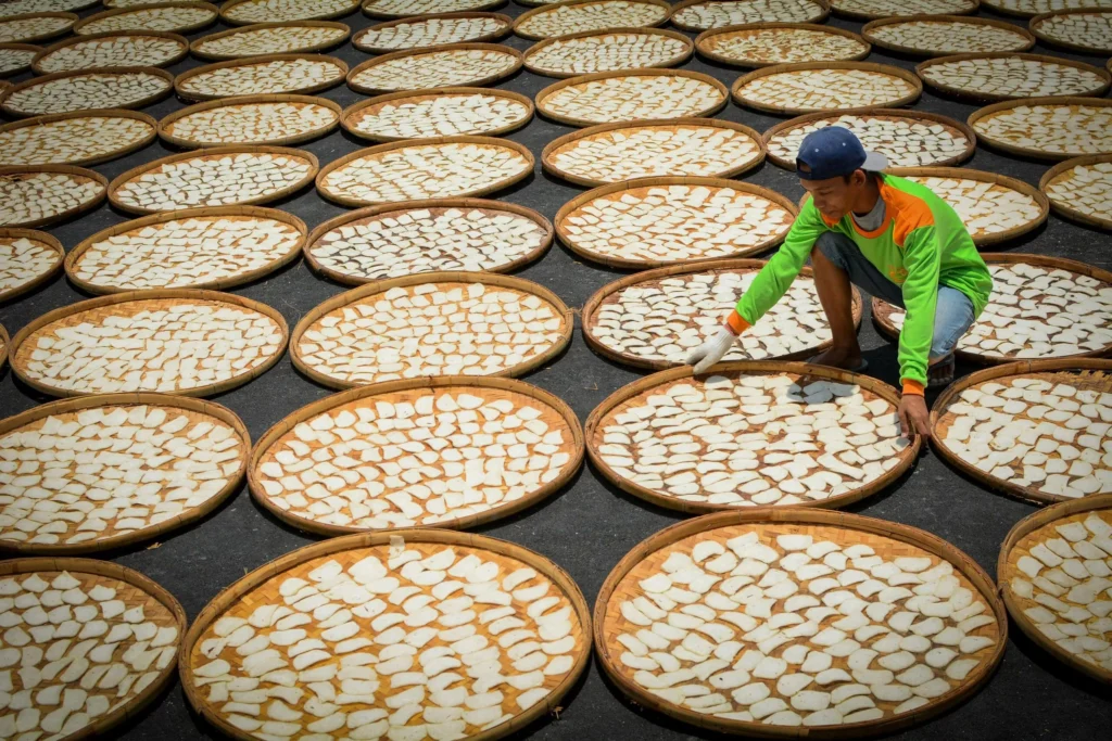 Man arranging fish crackers in a traditional setting in Indramayu, West Java, Indonesia.