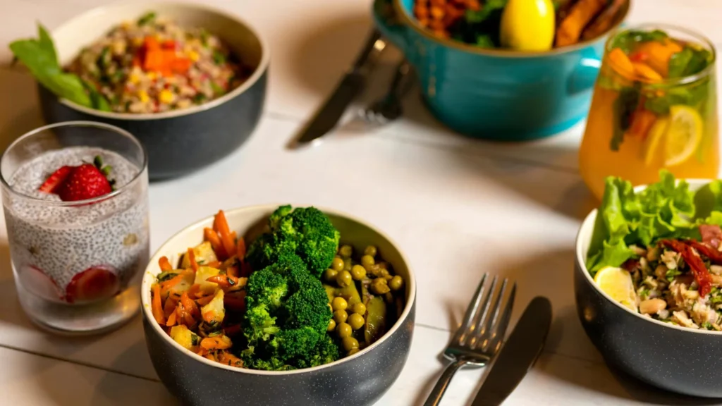 Delicious colorful bowls of salad and fresh beverages on a white table, perfect for healthy dining.