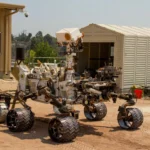 Mars rover prototype at a NASA test facility in Los Angeles, showcasing space exploration technology.